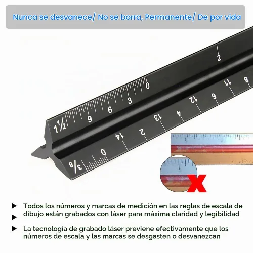 Vista 4 de Soraco Regla de escala triangular de aluminio de 12 pulgadas, medidas imperiales grabadas con láser, acabado anodizado negro duradero, ideal