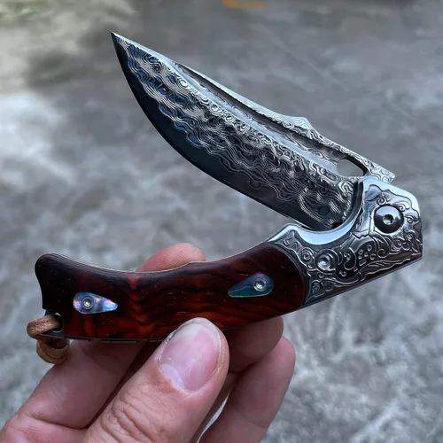 Vista 6 de Cuchillo hecho a mano japonés VG10 Damasco acero plegable cuchillo, mango de bloqueo de revestimiento de palisandro, cuchillos de bolsillo EDC