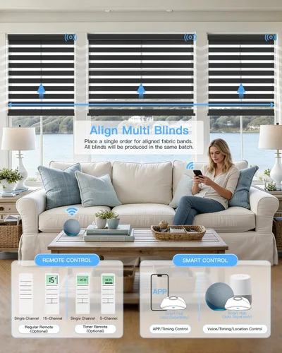 Vista 2 de Tokblind Persianas motorizadas de cebra con control remoto, persianas enrollables eléctricas de doble capa compatibles con Alexa a través del Hub