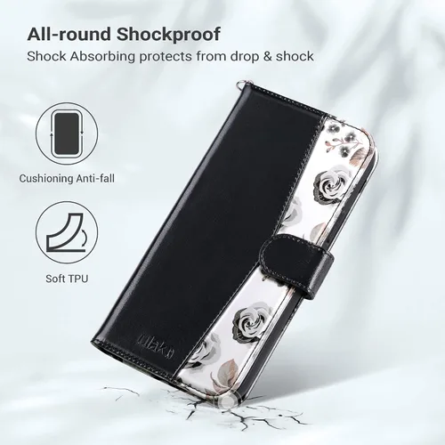 Vista 7 de ULAK Funda tipo cartera compatible con iPhone 15 Pro con tarjetero y diseño de flores, para mujeres y niñas, piel sintética, con función atril