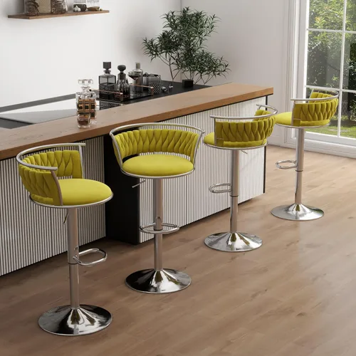 Vista 14 de Juego de 2 taburetes de bar giratorios de 360°, silla de bar de terciopelo ajustable a altura de mostrador moderna, taburete de metal plateado