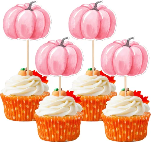 Vista 9 de 24 piezas de decoración de calabaza para cupcakes con purpurina temática de otoño, decoración de pasteles con temática de calabaza, cumpleaños