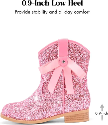 Vista 6 de Coutgo Botas vaqueras para niñas, botas de tacón bajo con purpurina, botas Rosa