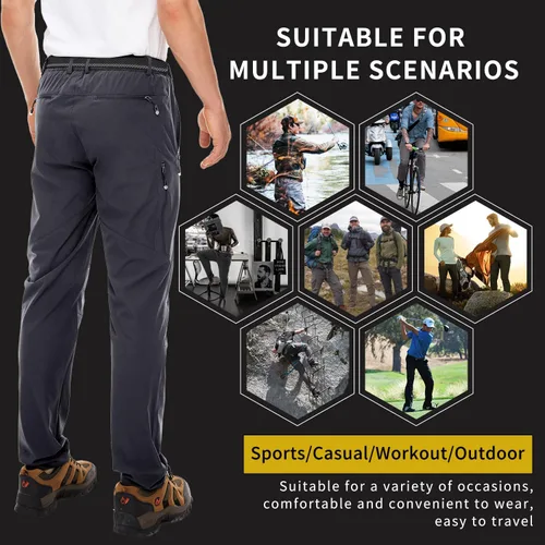Vista 2 de NOUKOW Pantalones de senderismo para hombre, de secado rápido, ligeros, impermeables, elásticos, 6 bolsillos con cremallera y cinturón