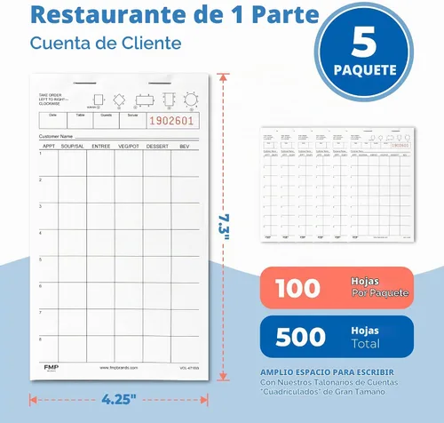 Vista 2 de FMP Brands (500 hojas), bloc de notas de servidor, cheques de invitados para servidores, blocs de pedidos para servidores, blocs de notas de Blanco