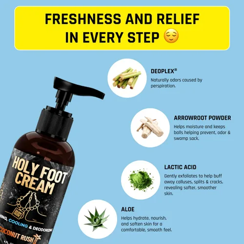 Vista 6 de Derm Dude Holy Foot Cream Crema hidratante diaria para pies con DeoPlex para frescura y arrurruz para una hidratación ligera Aroma de coco Rush