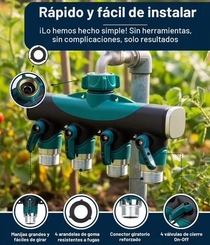 Vista 3 de DBR Tech® Divisor de manguera de 4 vías (durabilidad superior), conector de mangueras de jardín premium, válvula de agua resistente de 4 vías