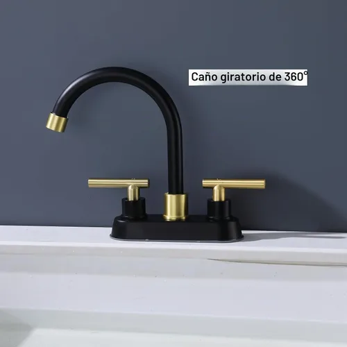 Vista 4 de Grifo de baño negro y dorado, juego central de 2 manijas de 4