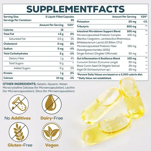 Vista 2 de Suplemento de tributirina para intestino e inmune de 800 mg Alta biodisponibilidad con probióticos y prebióticos microencapsulados - Complejo