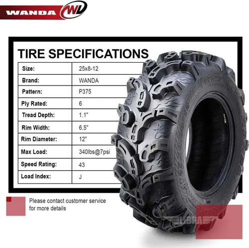 Vista 4 de WANDA Juego de 4 neumáticos Premium ATV/UTV 25x8-12 25x8x12 delanteros y traseros Super Lug Mud
