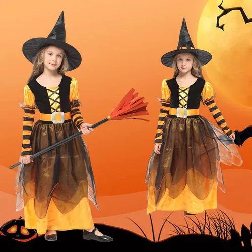 Vista 6 de Witch Costume Girls Halloween Witch Dress Costumes Kids Deluxe Witch Hat Broomstick Halloween Candy Bags Fancy Dress Up Party