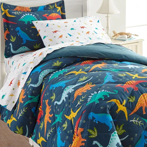 Vista 6 de Wildkin Juego de ropa de cama matrimonial de 7 piezas, edredón, sábanas y fundas de almohada 100% algodón para acurrucarse (tierra de dinosaurios)
