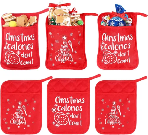 Vista 7 de 6 agarraderas de Navidad con bolsillo para cocina, almohadilla caliente, manoplas de horno de granja, bolsa de galletas para regalo de Navidad verde