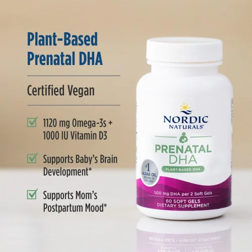 Vista 3 de Nordic Naturals DHA prenatal vegano, sin sabor, 60 geles blandos, 500 mg de DHA a base de plantas, apoya el desarrollo cerebral en bebés y un