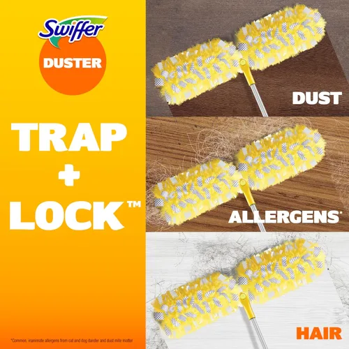 Vista 5 de Swiffer Kit de plumero con mango súper extensible de 6 pies, kit de inicio resistente con 8 repuestos, aroma a limón