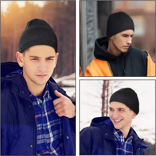 Vista 7 de OMECHY Gorros de punto cálidos de invierno para hombre, diseño de calavera lisa, gorro de punto tobogán
