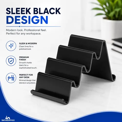 Vista 5 de 1InTheOffice Tarjetero de plástico para escritorio, 4 compartimentos, soporte para tarjetas de varios niveles, color negro