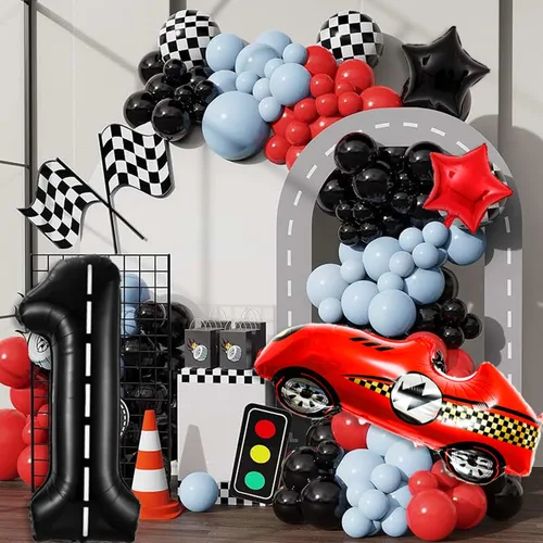 Vista 3 de Decoraciones de cumpleaños de carreras de 1 año, globos rojos grandes de coche de carreras de 40 pulgadas, globo negro número 1, globo a cuadros