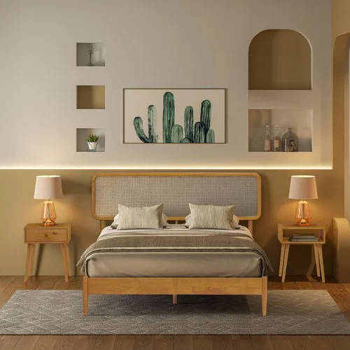 Vista 8 de Lupin - Base de cama de madera con cabecero, base de madera de roble macizo y goma con listones silenciosos y soportes centrales de madera, Negro