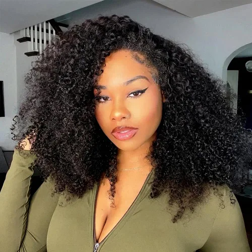 Vista 7 de Miss Lee Peluca de cabello humano rizado tipo afro, densidad del 200%, media peluca 3 en 1, sin pegamento, sin pegamento, cordón para llevar, sin