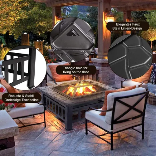 Vista 3 de Mesa portátil para fogata de 32 pulgadas, chimenea cuadrada multiusos para exteriores, chimeneas de metal para exteriores con marco de acero fuerte