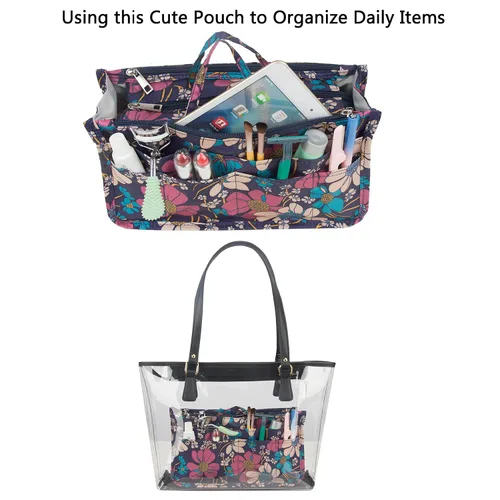 Vista 3 de Micom Organizador de cosméticos extensible, con estampado, asas, 13 bolsillos, para cartera de mujer, L, Azul (Blue Flower)