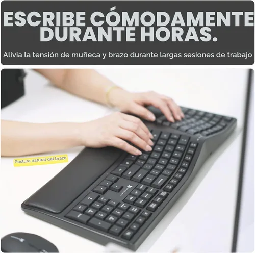 Vista 2 de X9 Teclado ergonómico inalámbrico con reposamuñecas - Tu comodidad importa - Teclado ergonómico recargable de tamaño completo 2.4G inalámbrico