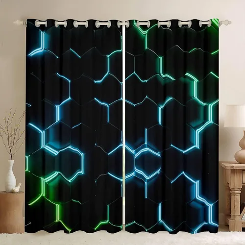 Vista 42 de Feelyou - Cortinas de ventana en forma de panal, tema geométrico hexagonal con luces de neón verdes, para chicos adolescentes y hombres, elegante