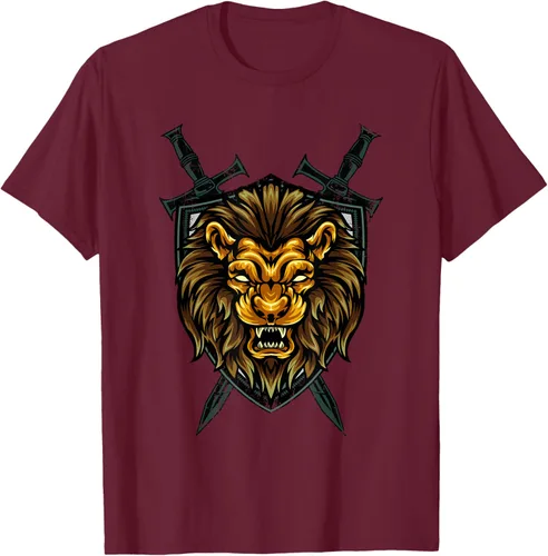 Vista 12 de Camiseta con diseño de caballero medieval renacentista, con diseño de espada de león, Negro, S