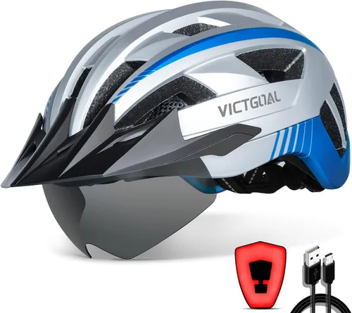 Vista 11 de VICTGOAL Casco de bicicleta con luz trasera recargable por USB, gafas magnéticas desmontables, visera solar extraíble, cascos de bicicleta de Negro