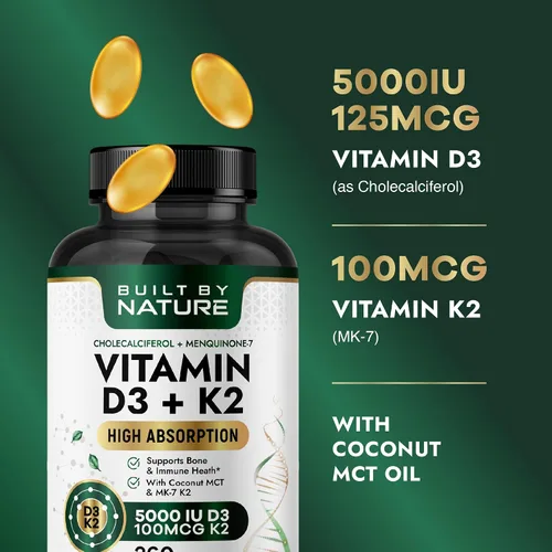 Vista 3 de Built by Nature Vitamina D3 K2, 5000 UI + 100 mcg MK-7, 360 cápsulas blandas extra fuerte, alta absorción, apoyo óseo, corazón e inmunológico