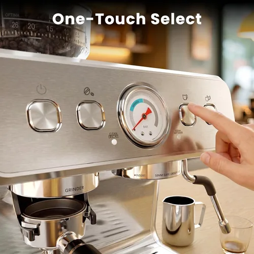 Vista 6 de COWSAR Máquina de café expreso de doble caldera con molinillo, máquina automática de espresso de 20 bares, varita de vapor espumador de leche
