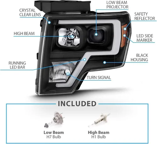 Vista 6 de AmeriLite para camioneta Ford F150 2009-2014, juego de faros delanteros LED de barra cuadrada, proyector halógeno negro, haz alto/bajo incluido
