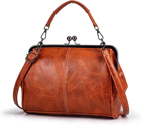 Vista 2 de Bolso cruzado de cuero de aceite para mujer, estilo vintage, con cierre de bloqueo de beso
