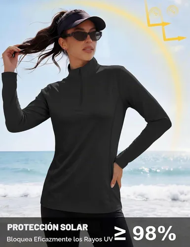 Vista 5 de MAGCOMSEN Camiseta de manga larga para mujer, con cremallera de un cuarto 01-Negro