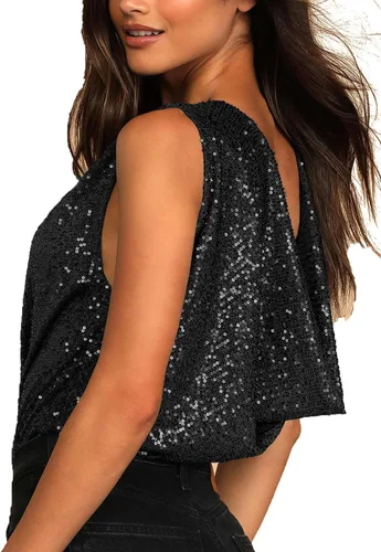 Vista 4 de LYANER Leotardo sin mangas con cuello en V y lentejuelas para mujer