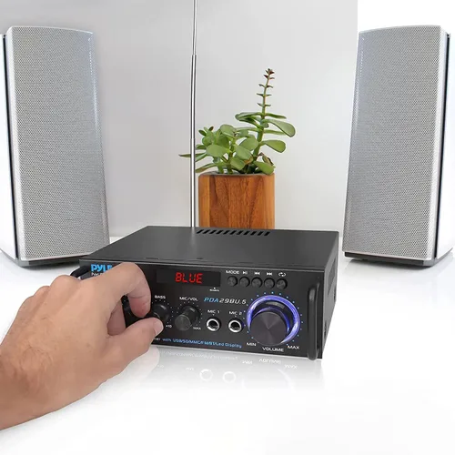 Vista 2 de Pyle Amplificador de potencia estéreo Bluetooth inalámbrico de 200 W, receptor de audio de doble canal con RCA, USB, SD, entrada de micrófono, radio