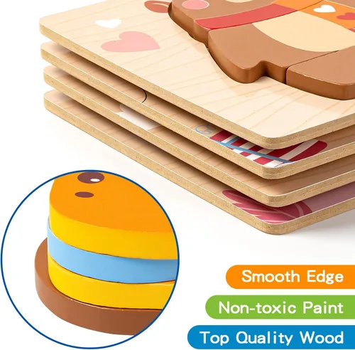 Vista 7 de Rompecabezas de madera para niños pequeños de 1 a 3 años, paquete de 4 rompecabezas de madera con diseño de animales, regalo de cumpleaños