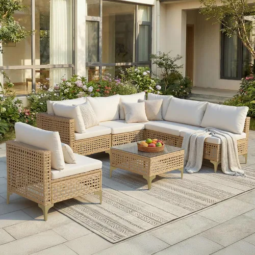 Vista 14 de FHFO 7 Piece Patio Furniture Set, Outdoor Wicker Sectional Sofa Set 1/ Gris Gris Claro