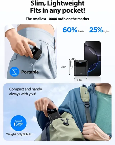 Vista 3 de Cargador portátil de 10000 mAh Banco de energía de carga rápida, paquete de batería USB C de 22.5W con cables incorporados, cargador portátil