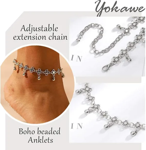 Vista 5 de Yokawe - Tobillera con cuentas estilo bohemio, con borla plateada, estilo vintage, para mujeres y adolescentes