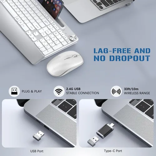 Vista 3 de JOYACCESS Combo ergonómico de teclado inalámbrico y ratón, teclado inalámbrico de tamaño completo diseñado con soporte para teléfono y Blanco
