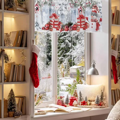 Vista 3 de Cenefa de cortina de muñeco de nieve de Navidad para ventanas, sala de estar, cocina, baño, cafetería, copo de nieve de invierno, ramas de pino