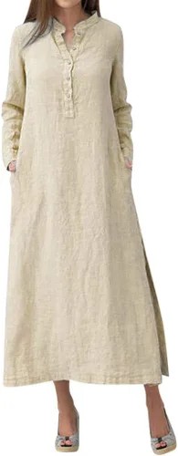Vista 12 de Maxi vestido largo liso para mujer, de algodón caftán, manga larga, vestido de gran