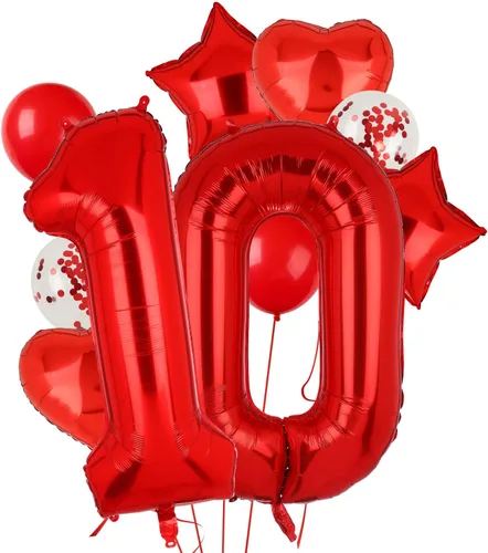 Vista 17 de Globos rojos de 40 pulgadas con números de Mylar para decoración de fiesta de cumpleaños número 10 Globos digitales de helio, 10 suministros