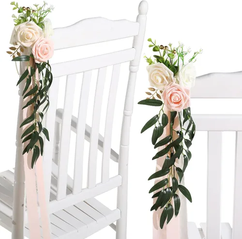 Vista 4 de Hoteam - 16 piezas de flores de banco para pasillo de boda, decoración de sillas de eucalipto y rosas con cintas largas de gasa, decoración de silla
