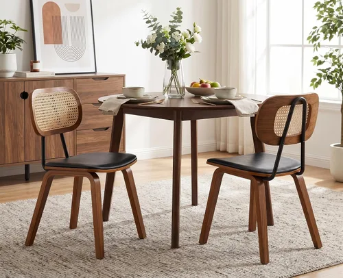 Vista 20 de Juego de 2 sillas de comedor de ratán, asiento de piel sintética Beige/Negro