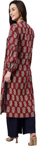 Vista 7 de Janasya Kurta acampanada de algodón granate, con estampado floral, para mujer india