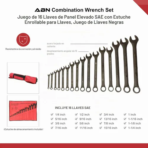 Vista 3 de ABN Juego de llaves combinadas métricas y estándar - Juego de 32 llaves SAE y métricas con bolsa enrollable