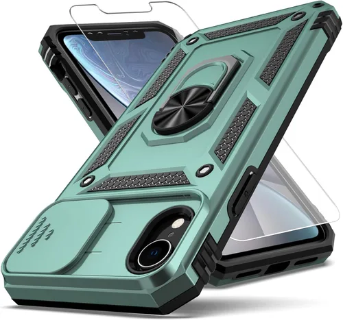 Vista 10 de Funda para iPhone XR, cubierta de lente de cámara deslizante integrada+soporte de anillo de dedo+protector de pantalla, funda protectora de cuerpo